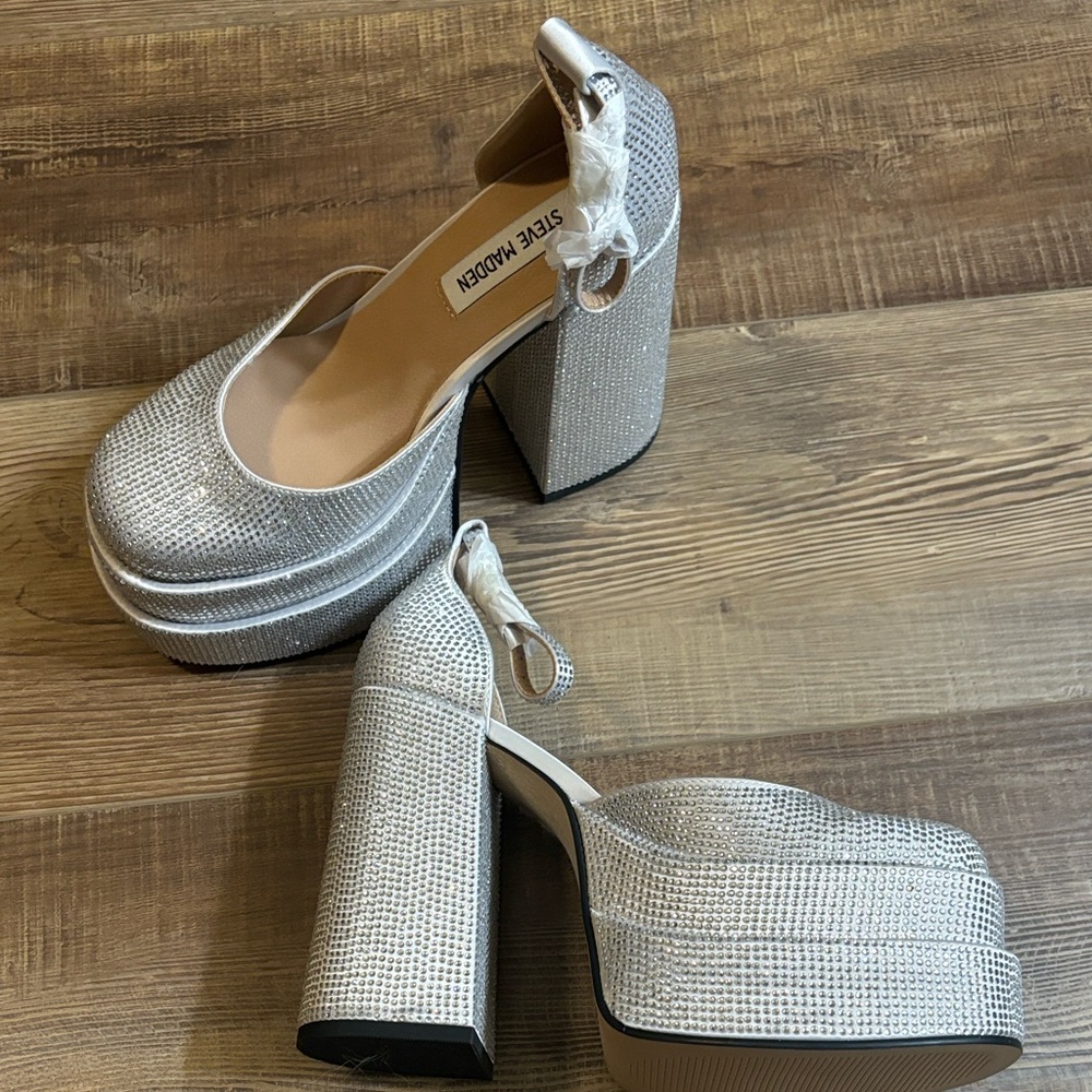 Steve Madden Charlize Rhinestone Chunky Silver Platform Shoes - Picture 7 of 8